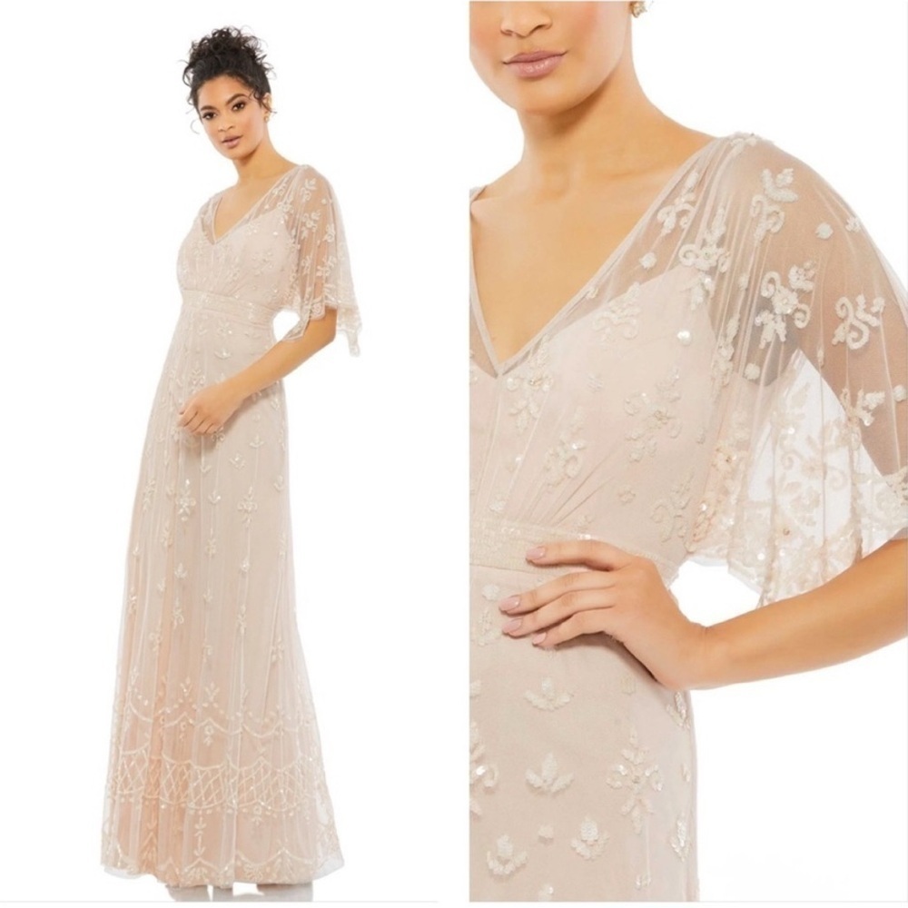 Mac Duggal V NECK FLUTTER SLEEVE EMBELLISHED MESH GOWN size 8